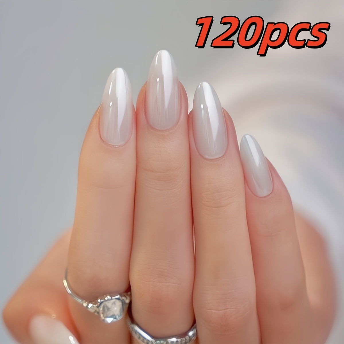 TEMU 120pcs White Medium Length Almond Press-on Nails, Aurora White And Moonlight Styles, With Jelly Glue And File, Perfect For And Women' Wear