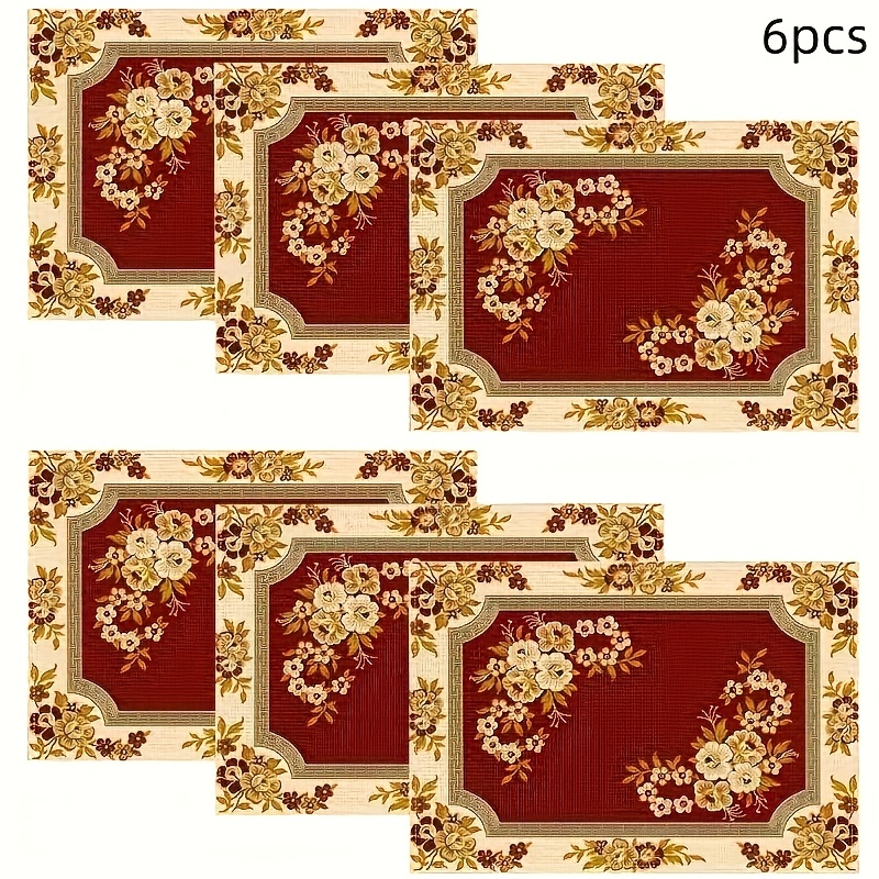 TEMU 6pcs Set Of Vintage Bohemian-style Placemats, With Vintage Red Floral Patterns, Perfect For Holiday Dining. Suitable For Kitchen Tables, Coffee