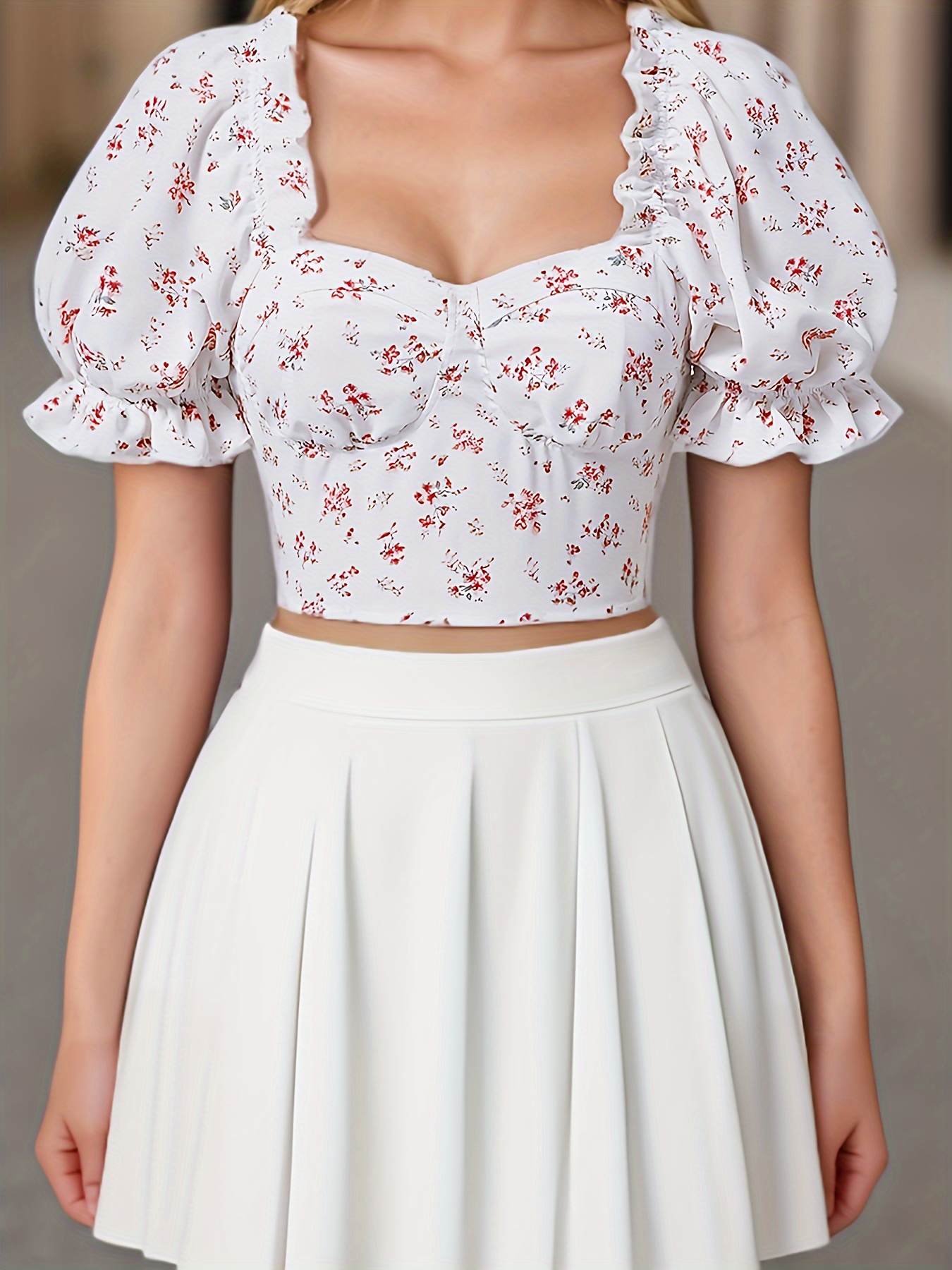 Floral Print Ruffle Trim Crop Blouse, Elegant Puff Sleeve Crop Tie Back  Blouse For Spring Summer, Women's Clothing