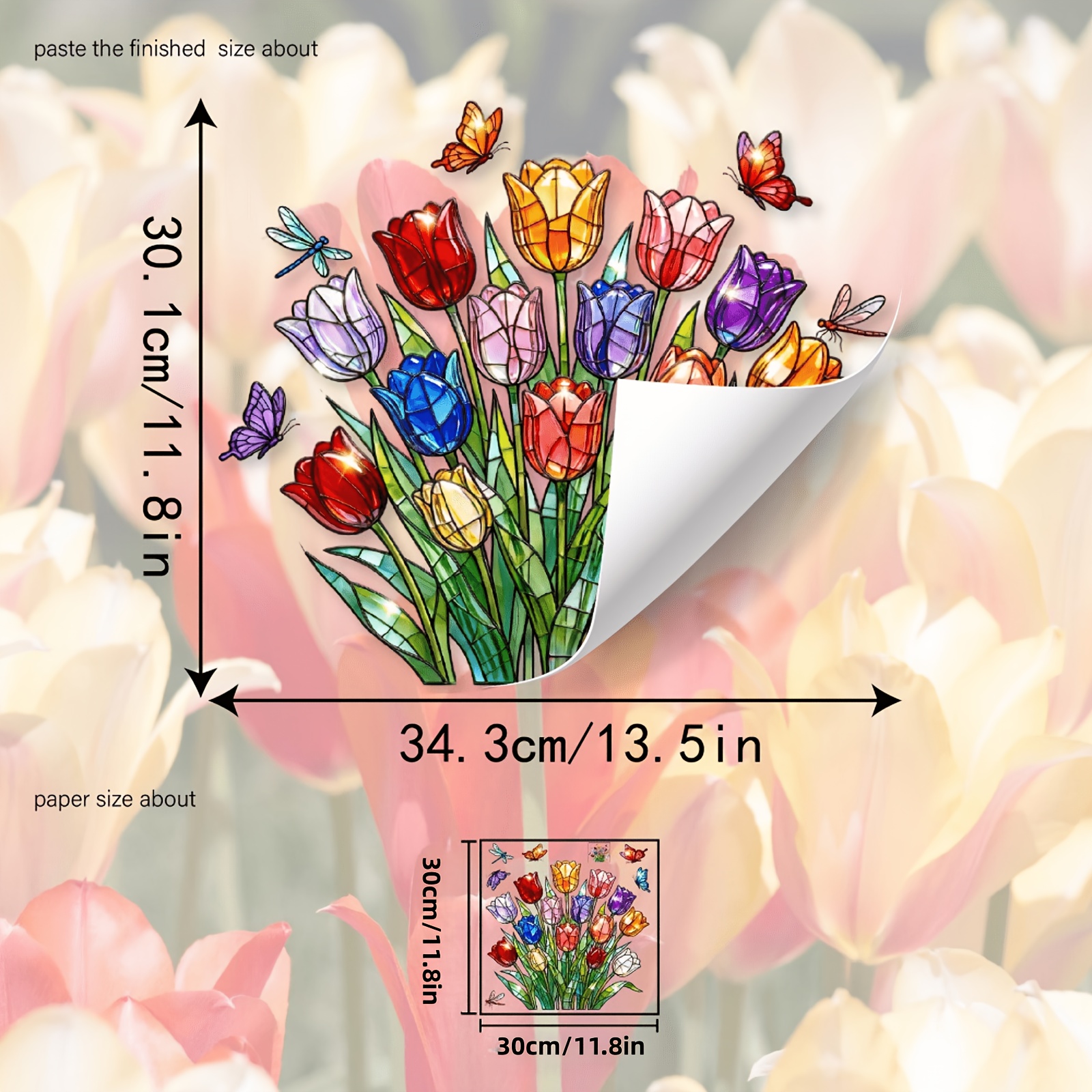 TEMU 1pc 1pcs Tulip & Dragonfly Static Cling Window Film Suitable For Glass Doors, Sliding, Coffee Shop Decor - Pvc Stained Glass Panels, No