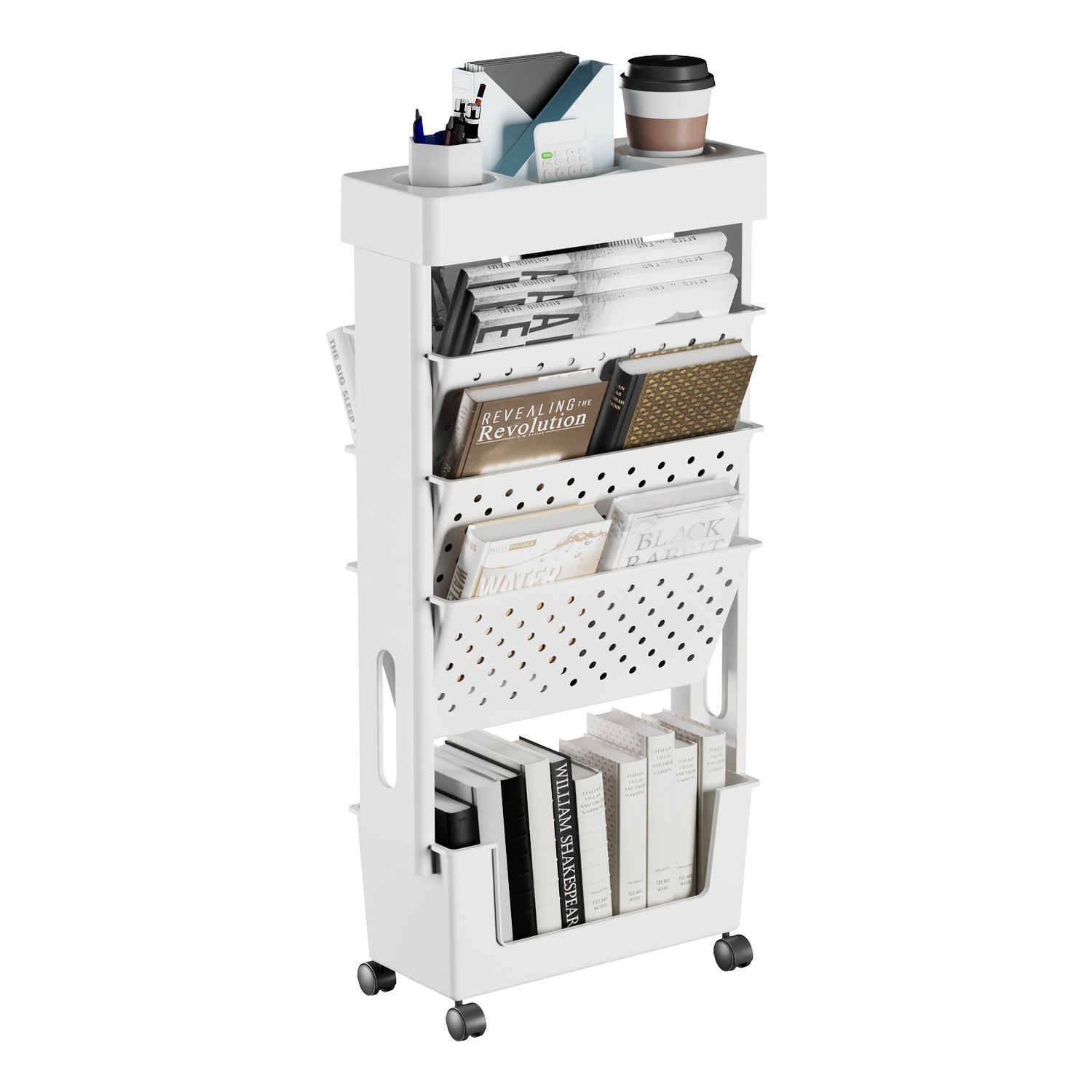 1pc 5-layer Book Storage Box with Wheels, Desk-mounted Book Artifact, Classroom Bookshelf, Student Book Case, Desktop Office Study Room Bedroom Living Room Bathroom Multi-scene Use, Utility Shelves