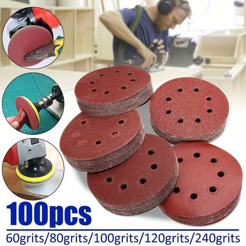 a set of 100 sanding discs each measuring 125mm or 5 inches in of 60 80 100 120 and 240 round sanding pads feature 8 holes and are designed for buffing and polishing materials including artificial stone