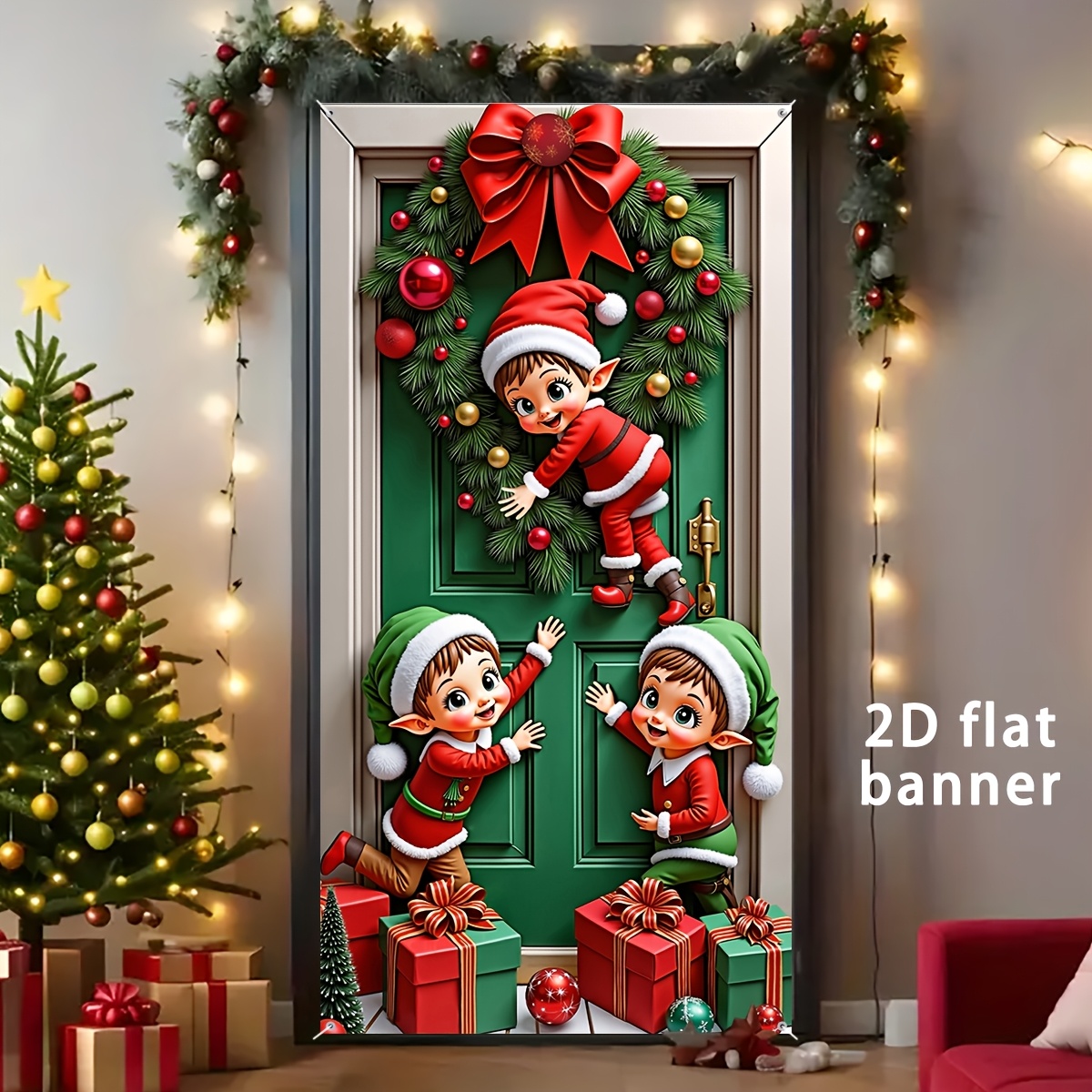 TEMU 2d Flat, 2d Flat - 2d Door Banner 2d Flat Party Banner, 1pc, Christmas Door Banner, 3pcs Cute Christmas Elf Door Flag, 35.4in X 70.8in, Durable