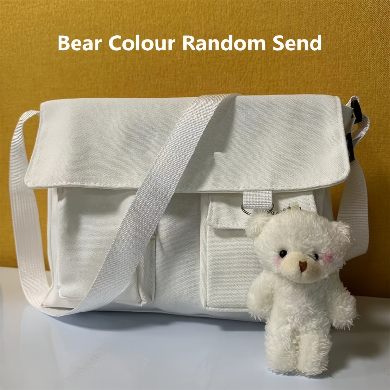 Canvas Shoulder Flap Bag Fuzzy Bear Simple Large Capacity - Temu