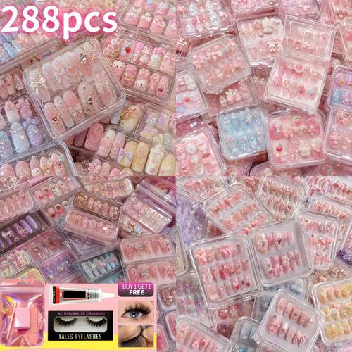 288pcs High-End Nail Sets Suitable for at - Reusable Press- Nails with , & Decorations, Nude/Pink/Green Glossy Machine Nails, Pre-Made Gel & Strips for Instant Salon Results (No)