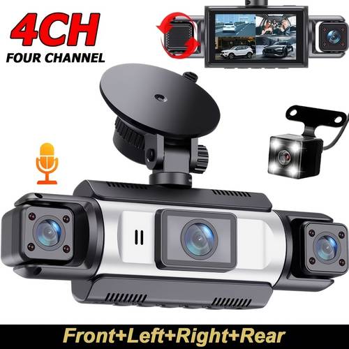 car dash cam with a genuine 4 channel setup featuring 1080p full hd for the front and 720p for the rear and sides it with a 4 inch ips display a rotating lens capabilities continuous video recording