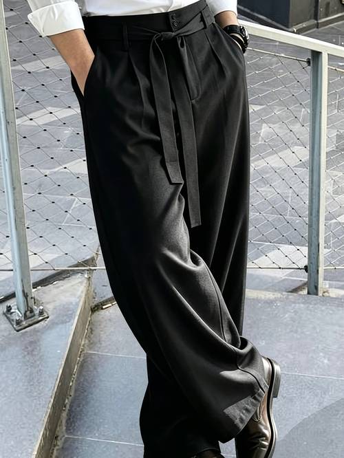 pantalones de traje de cintura y pierna ancha para hombre - pantalones negros drapeados de adecuados para desplazamientos y uso profesional, pantalones de corte y tipo uniforme no elásticos lavables a máquina