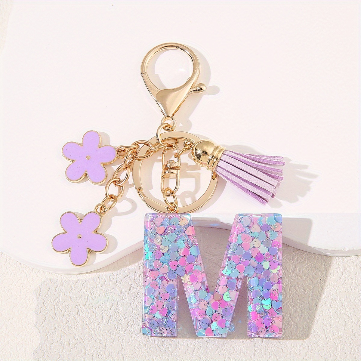 TEMU 1pc Purple Flower Initial Letter Keychain Epoxy Glitter 26 English Letter Keyring Additions Women's Shoulder Bag Handbag Decoration Pendant
