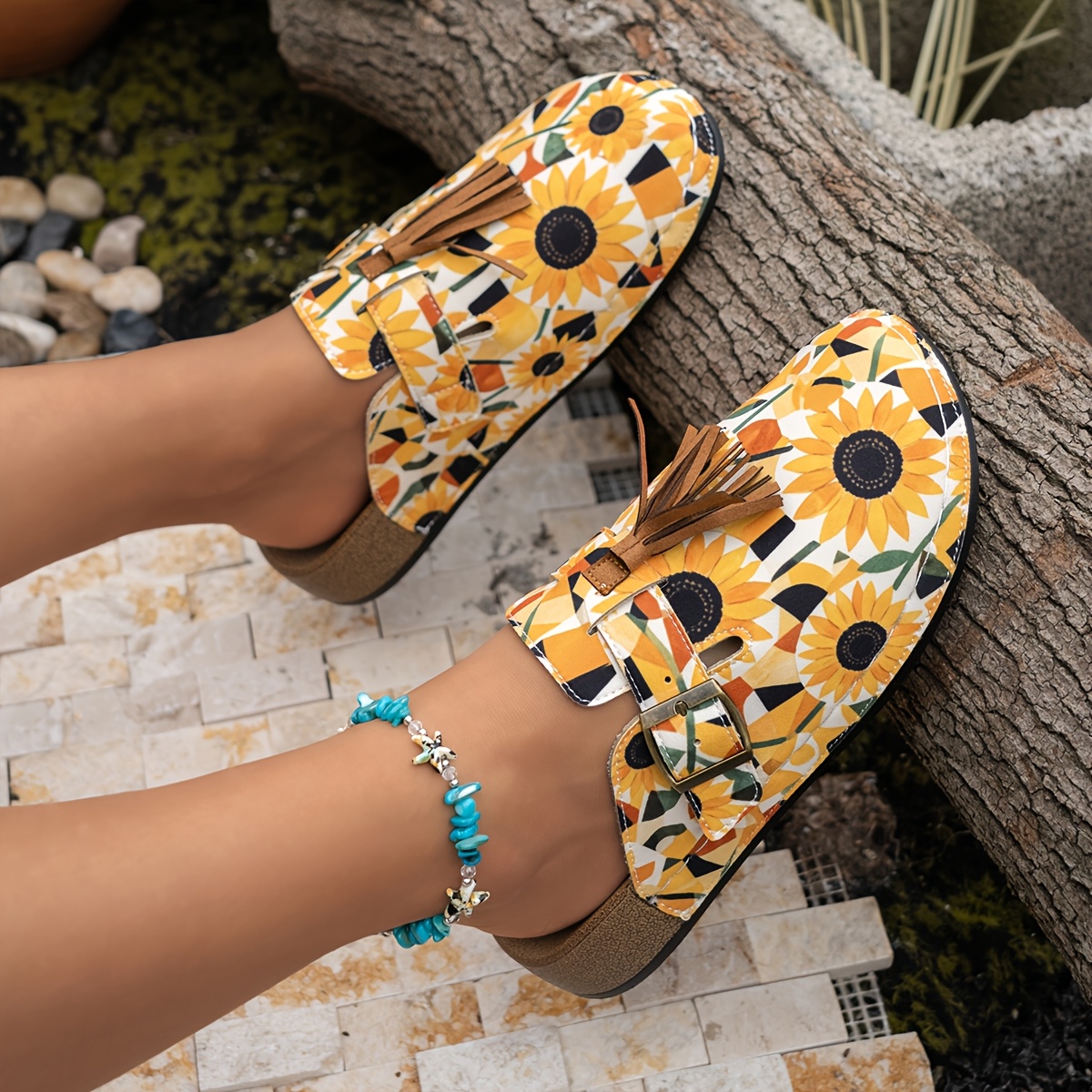 womens natural   style geometric sunflower print tassel cork mule french vacation wide   size lazy slip on women shoes spring summer breathable non slip casual fashion slides outdoor