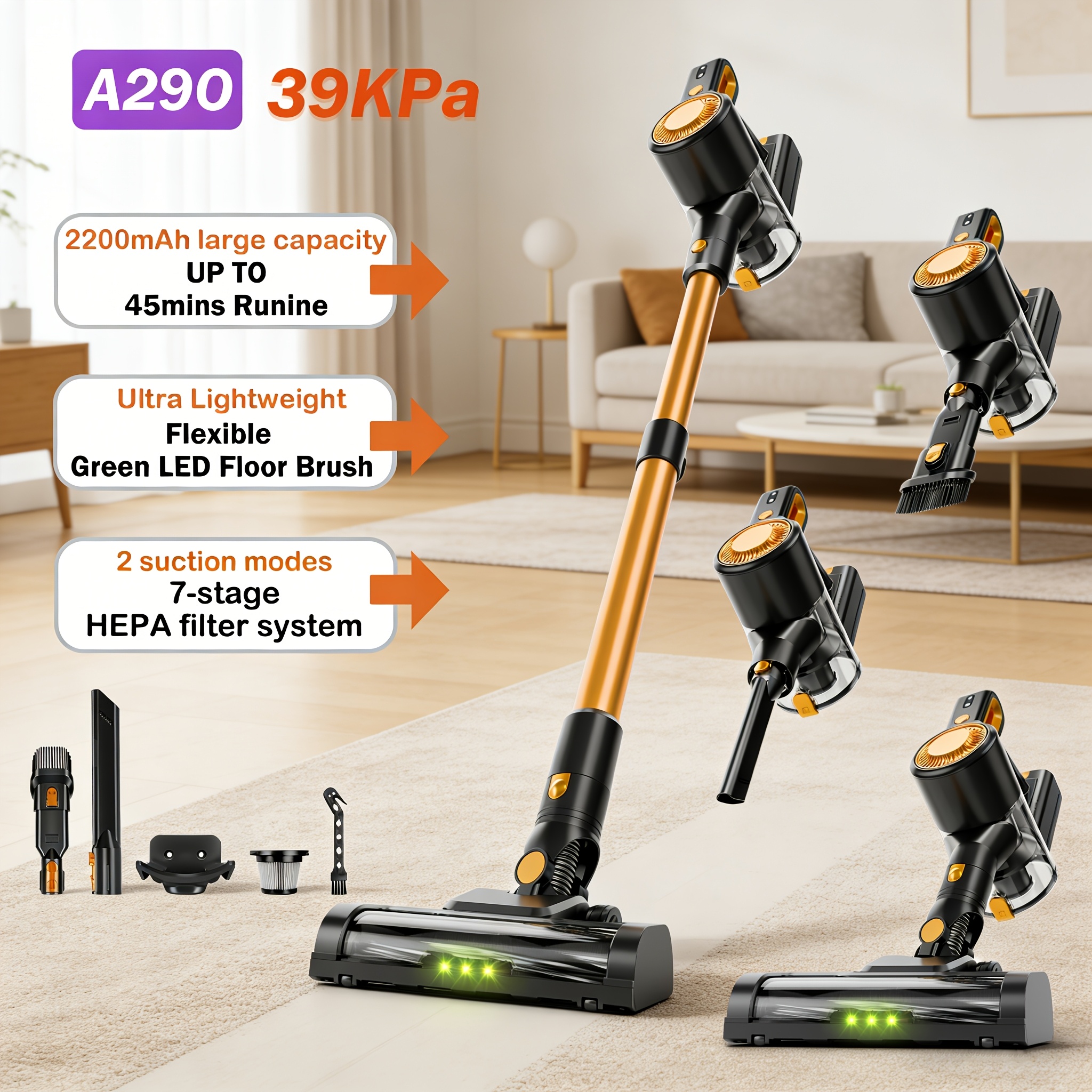 TEMU Cordless Vacuum Cleaner, 6-in-1 Powerful Long Stick Vacuum Cleaner With Anti- Brush And Upgraded Green Light, 2200mah. 45 Minute Rechargeable