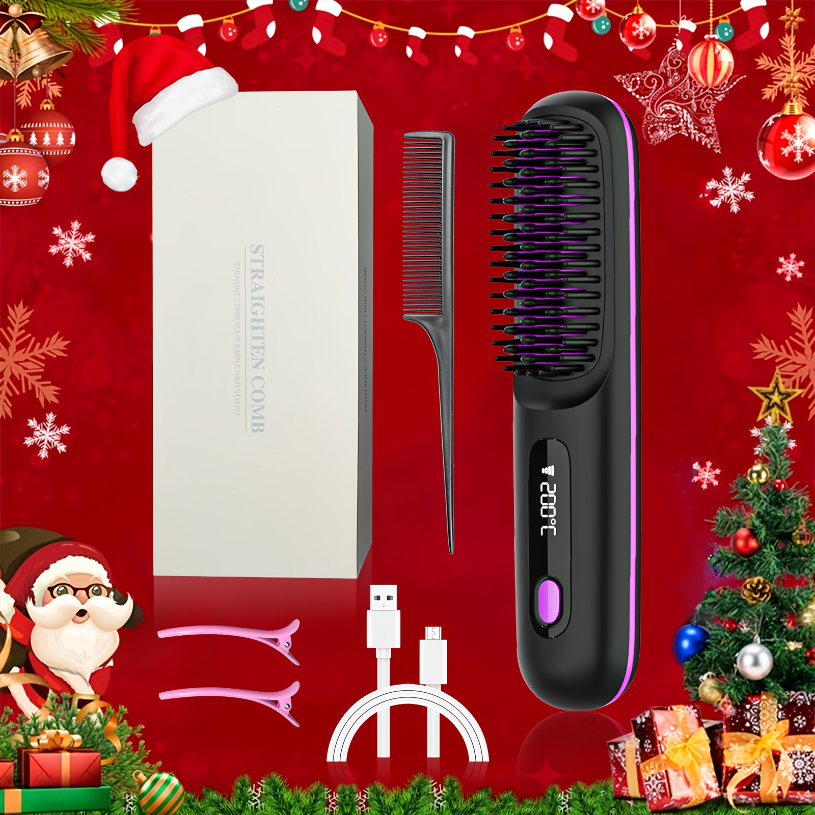 

Cordless Hair Straightener Brush, Portable Negative Ion Hot Comb Long With Usb Rechargeable Fast Heating 3 Temp Settings Anti-scald, 20mins Auto-off, For Travel