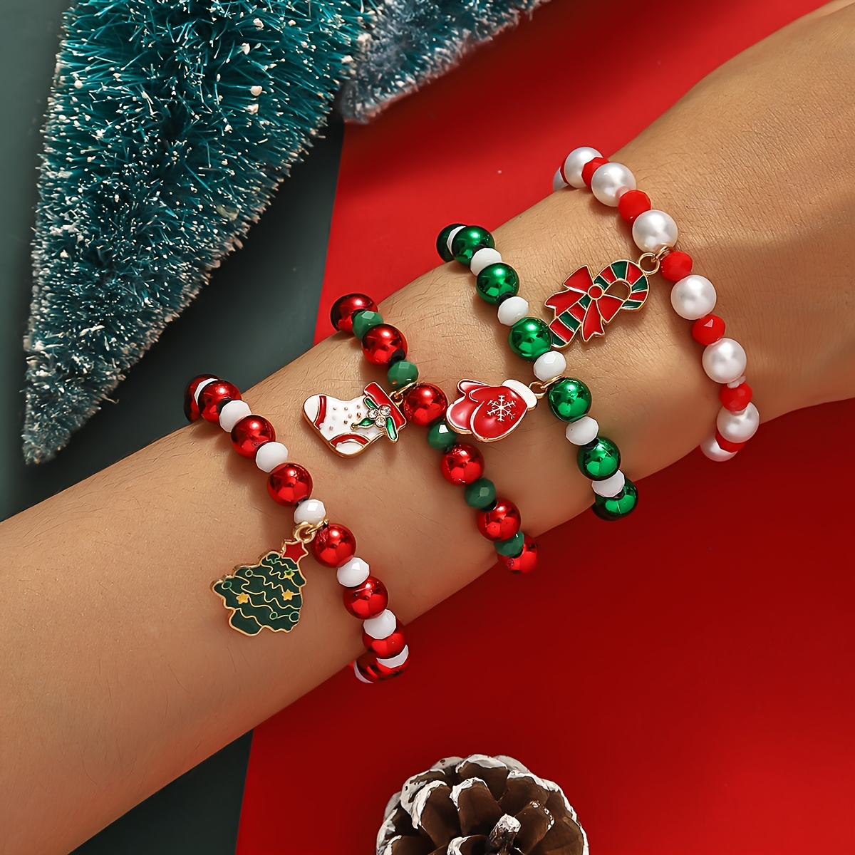 TEMU 4pcs Christmas Bracelet Set, Stretch Beaded Stackable Black Stone Bracelets With Christmas Tree, Snowflake, Santa, And Bell Charms, Party