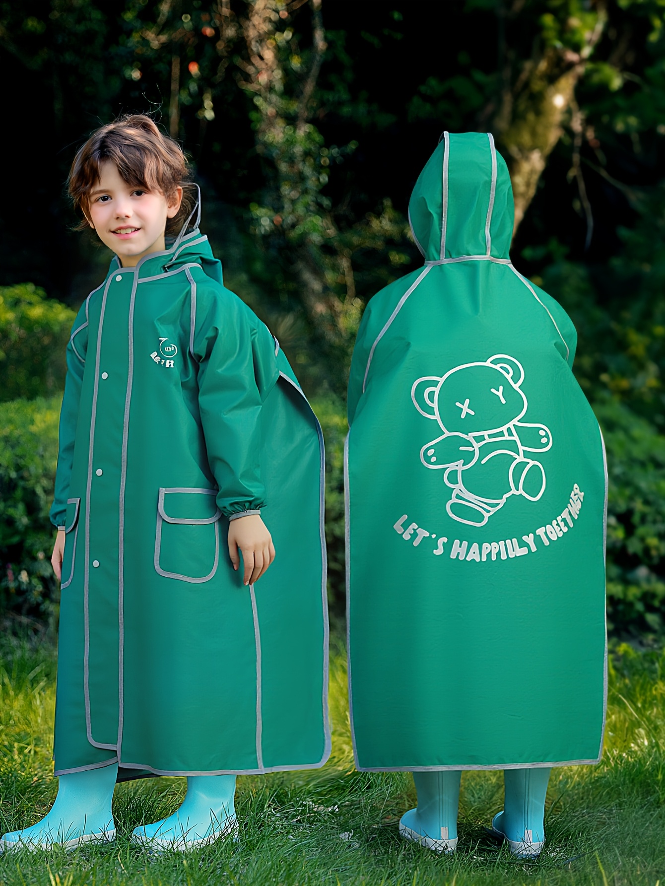 Green Rain Coat With Print Kids' Animal Print Waterproof Jacket