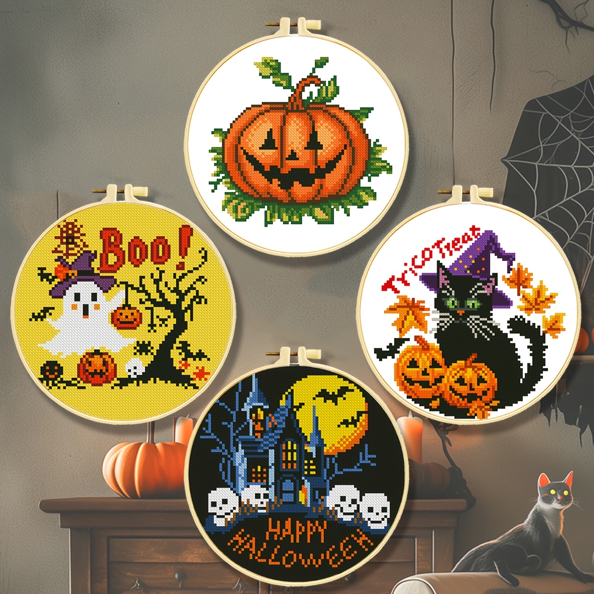 

1 Set Halloween Stitch Kit, 11ct Printed Fabric, 3-strand Embroidery For Beginners, Wall Decor Diy, Pumpkin, , Haunted House Designs, Seasonal Craft Set