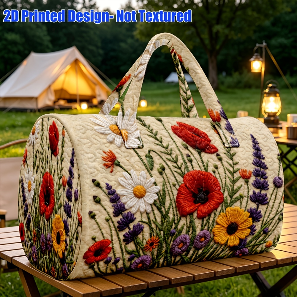 TEMU 1pc Rhoeas Lavender Pattern Quilted Boston Handbag, Romantic Plant Style, Suitable For Love Garden Flowers, Large Capacity For Overnight Short