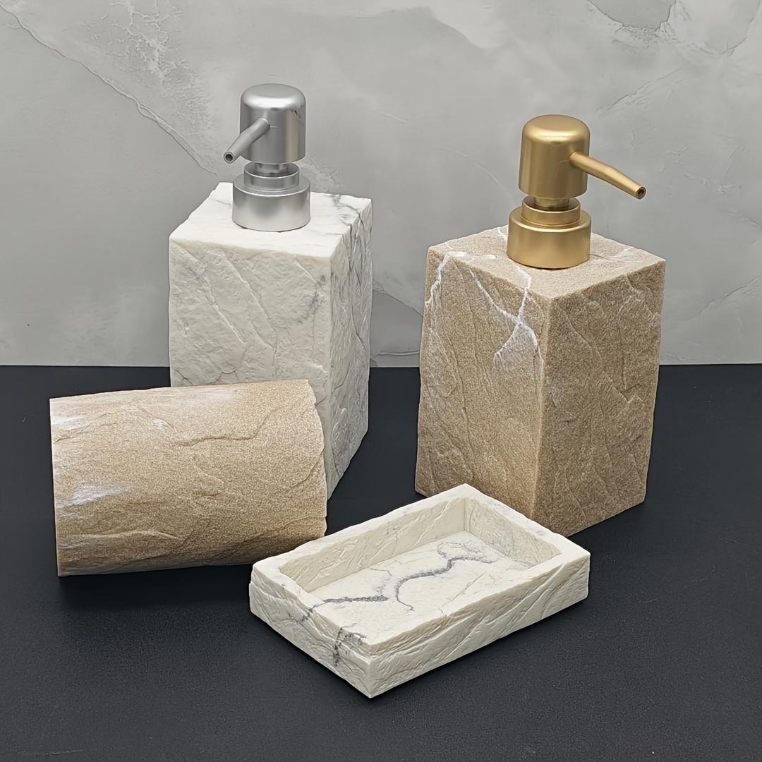 4pcs Vintage Bark Texture Bathroom Set, Includes 1 Hand Soap Dispenser, 2 Mouthwash Cups, and 1 Soap Dish. Suitable for Home, Hotel, and Guesthouse Bathrooms