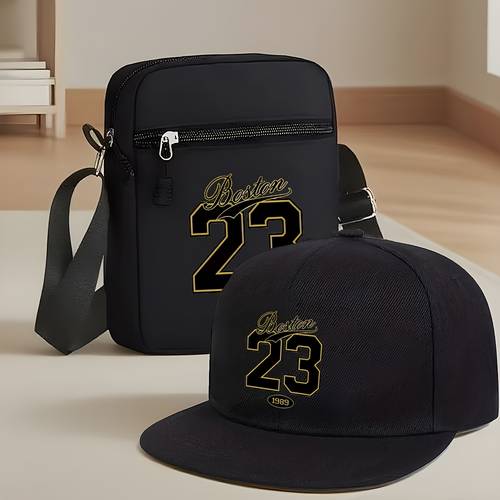 2pcs set boston 23 print unisex curved brim hip hop baseball cap and crossbody fashion outdoor sports cap and bag adjustable gift for yourself or friends