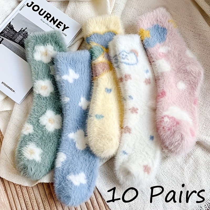 Women's 5/10 Pair Cartoon And Flower All-match Warm Calf-high Socks For Autumn And Winter