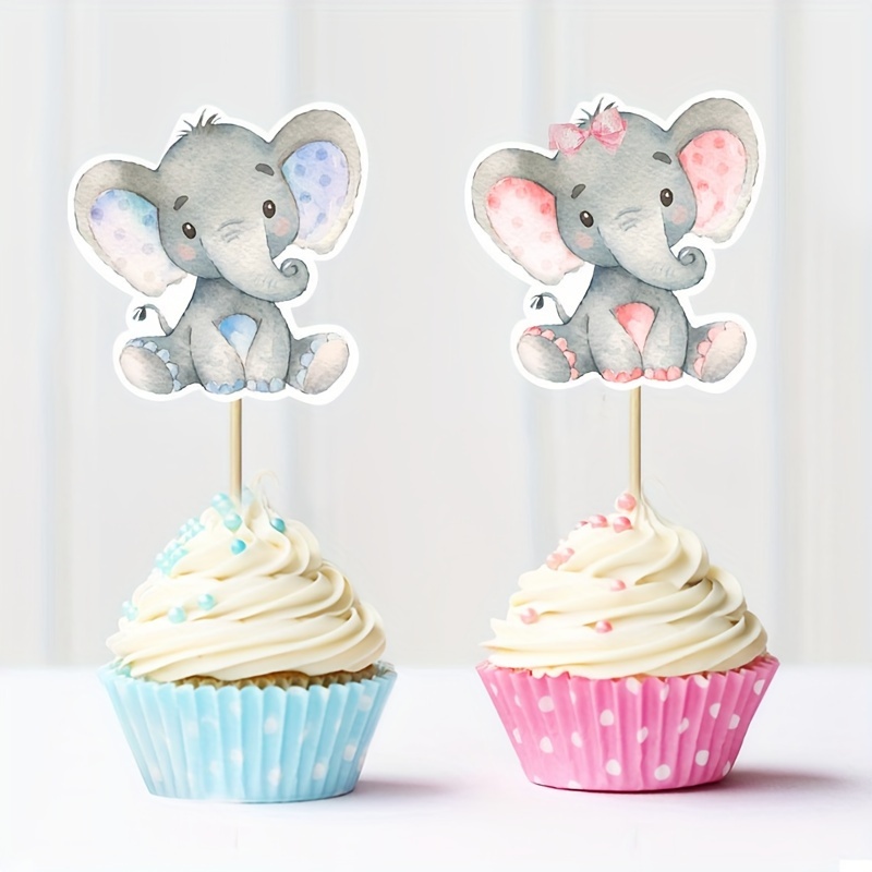 

24 Animal Cartoon Blue And Cupcake Toppers For Gender Reveal Themed Birthday Party Cake Decorations.