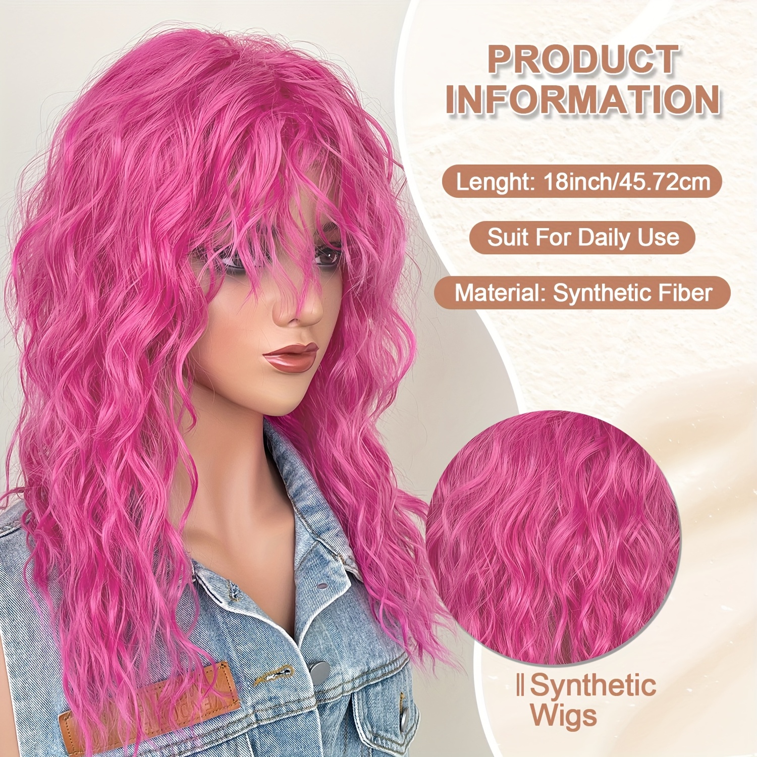 womens rose pink wig long curly wig bangs 18 inch curls  display picture 3