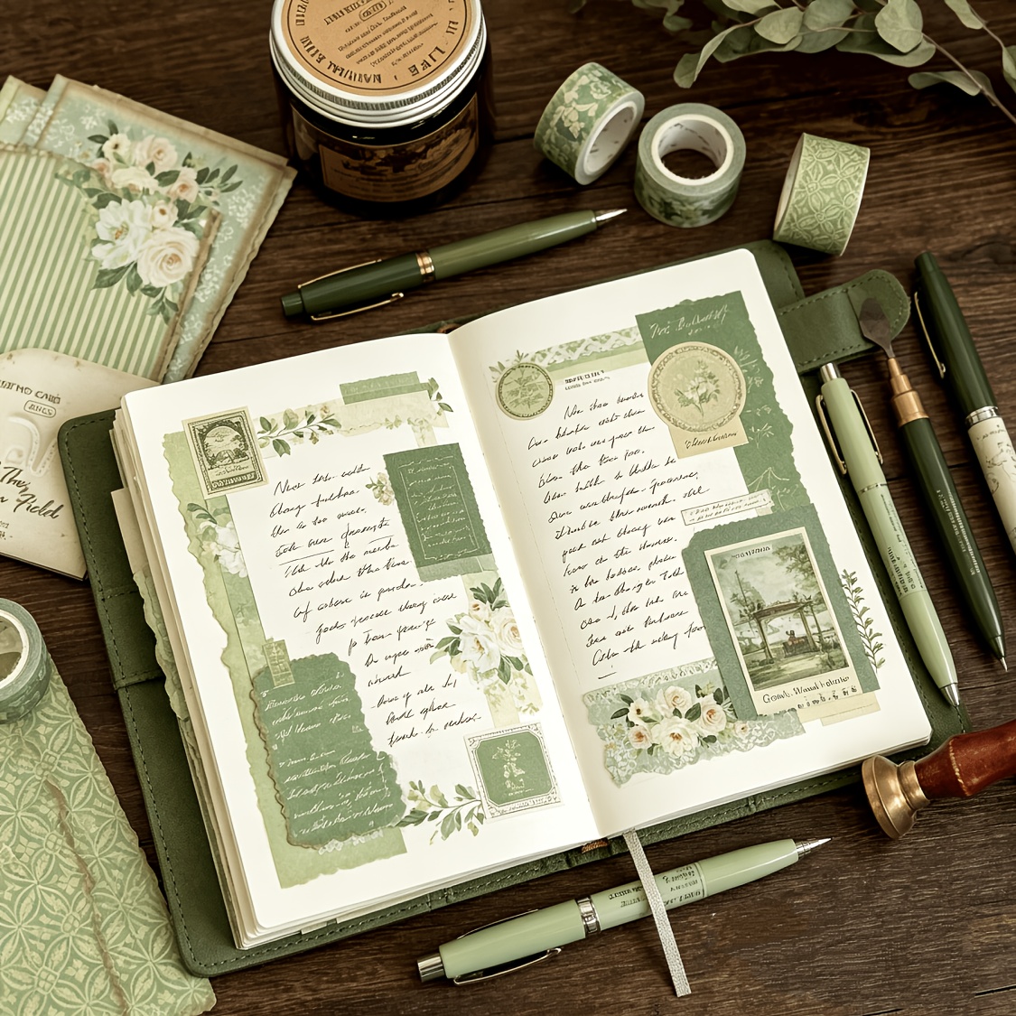 TEMU 10 Feuilles/ Papier Vert Vintage Effet Vieilli Série Vent Doux Matériau de Collage de Base Convient pour la Décoration de Compte à Main, Papier