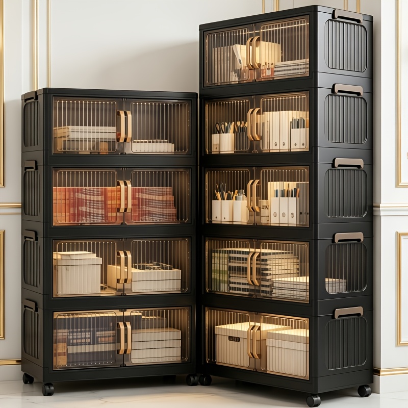 No Assembly 2/3/4/5 Tier Foldable Stackable Storage Cabinet, 44.29 Inch Large Capacity Modular Organizer Box with Lid, Rolling Wheels & Magnetic Double Door, Space Saving Portable Multi-Layer Storage Unit, Easy Setup Household Storage Container