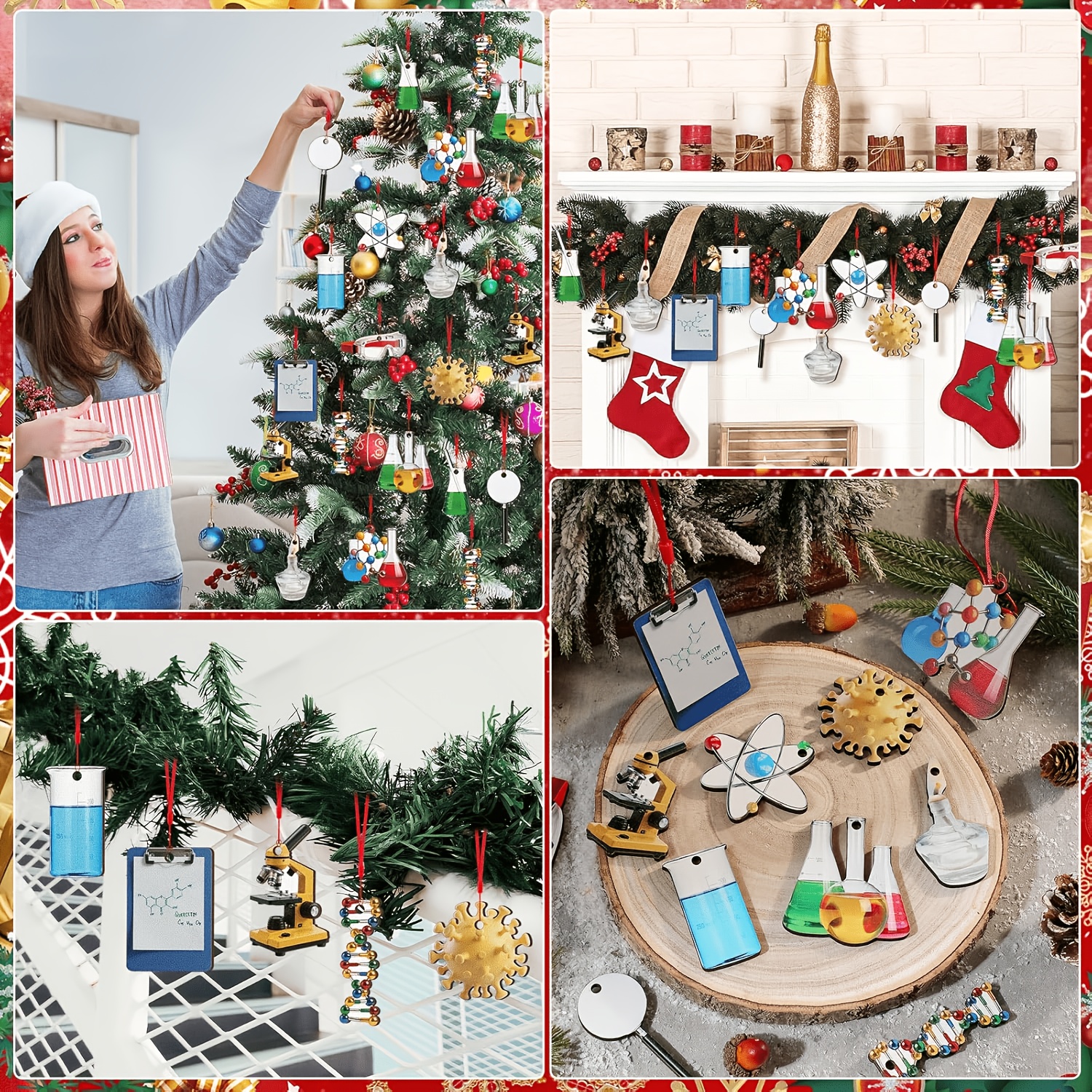 TEMU 24pcs Science-themed Christmas Tree Ornaments - Chemistry Lab Decorations With Molecular Models & Beakers, Artificial Hanging Suitable For For