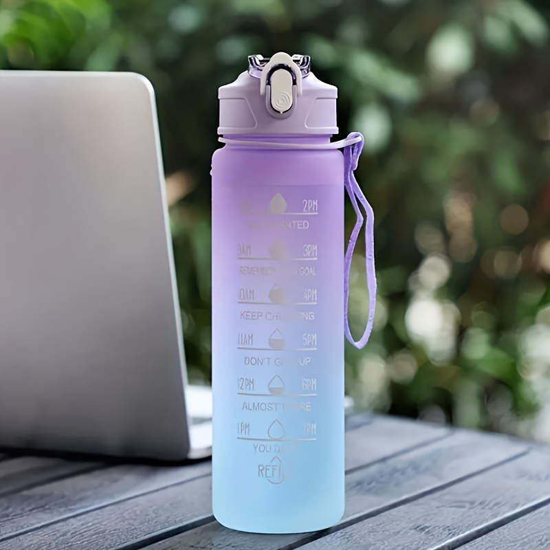 

1pc Gradient Ombre Water Bottle, Leakproof Flip Lid, Time Marker Motivational Quotes, Portable For Fitness, Gym, School, Office Use - Durable With Carry Strap