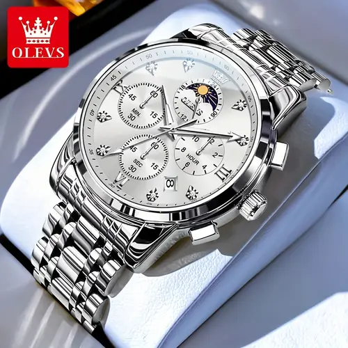 mens watches classic chronograph luxury dress moon phase quartz stainless steel luminous business calendar wrist watch reloj de hombre blue black white golden dial