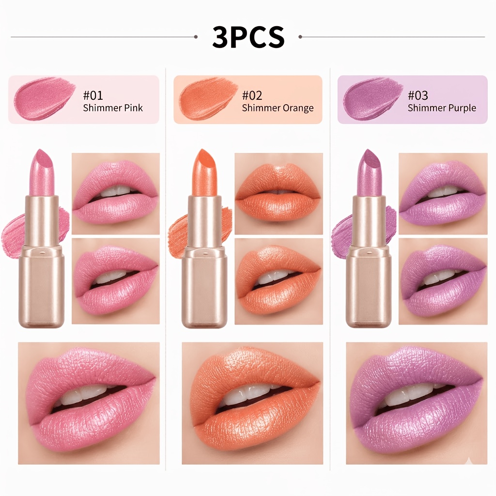 Image of 3pcs Shimmer Lipstick Set - Pearlescent Moisturizing Lip , Smooth & Creamy Texture, High Shine Finish, Long-lasting Hydrating Makeup For Daily Wear, Party & Travel, Purple Shades For Types