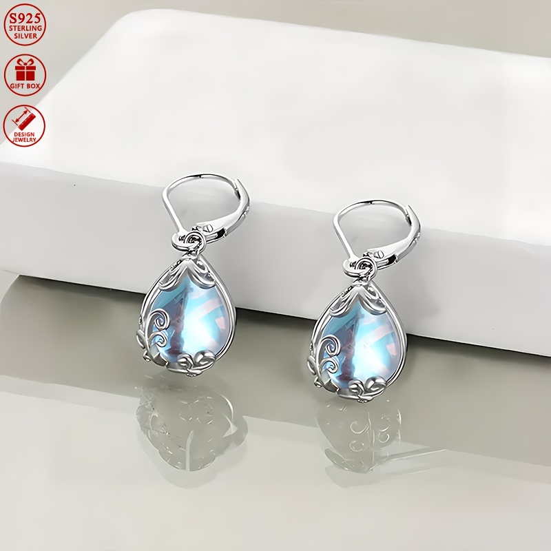 925 Silver Plated Floral Moonstone Dangle Earrings