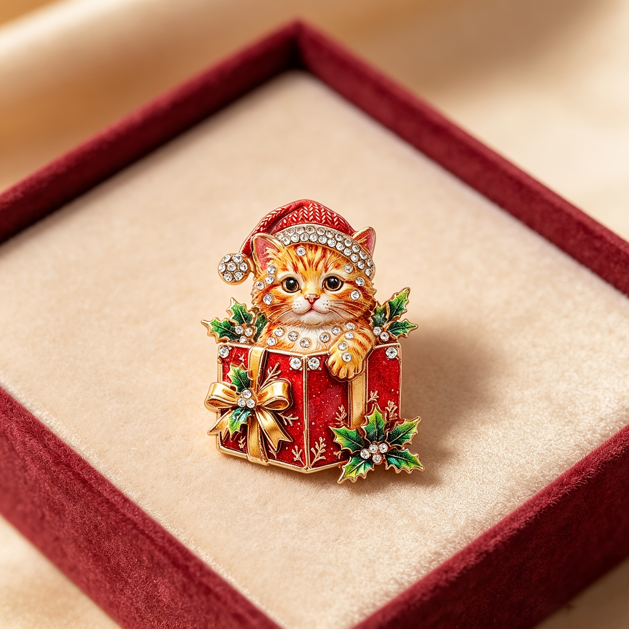 TEMU 1pc Solevdo Enamel Rhinestone Brooch, Cute Wearing Xmas Hat Inside Gift Box With Holly Leaf Sweet Festive Christmas Style Decor Accessory,