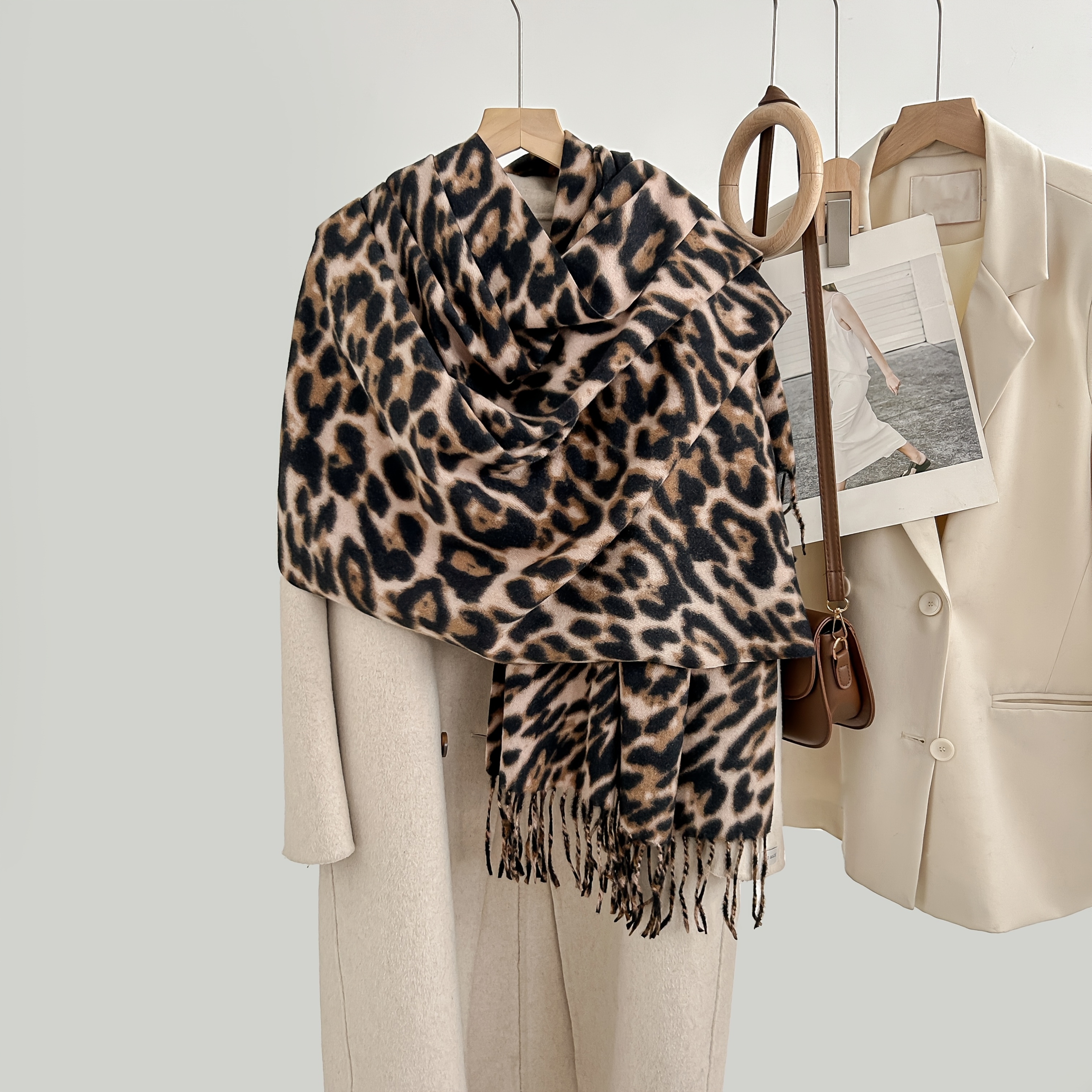 

Chic Leopard Print Cashmere Scarf For Women - Vintage-inspired, & Warm With Tassels, Fall/winter