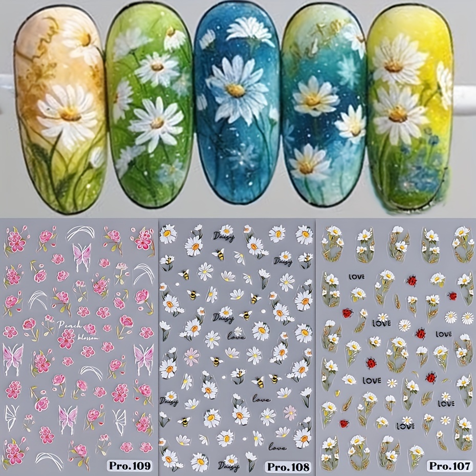 

3pcs Spring Summer Flower Nail Art Decals 3d Embossed Daisy Blossom Sticker Pink Petal Butterfly Design Manicure Sliders