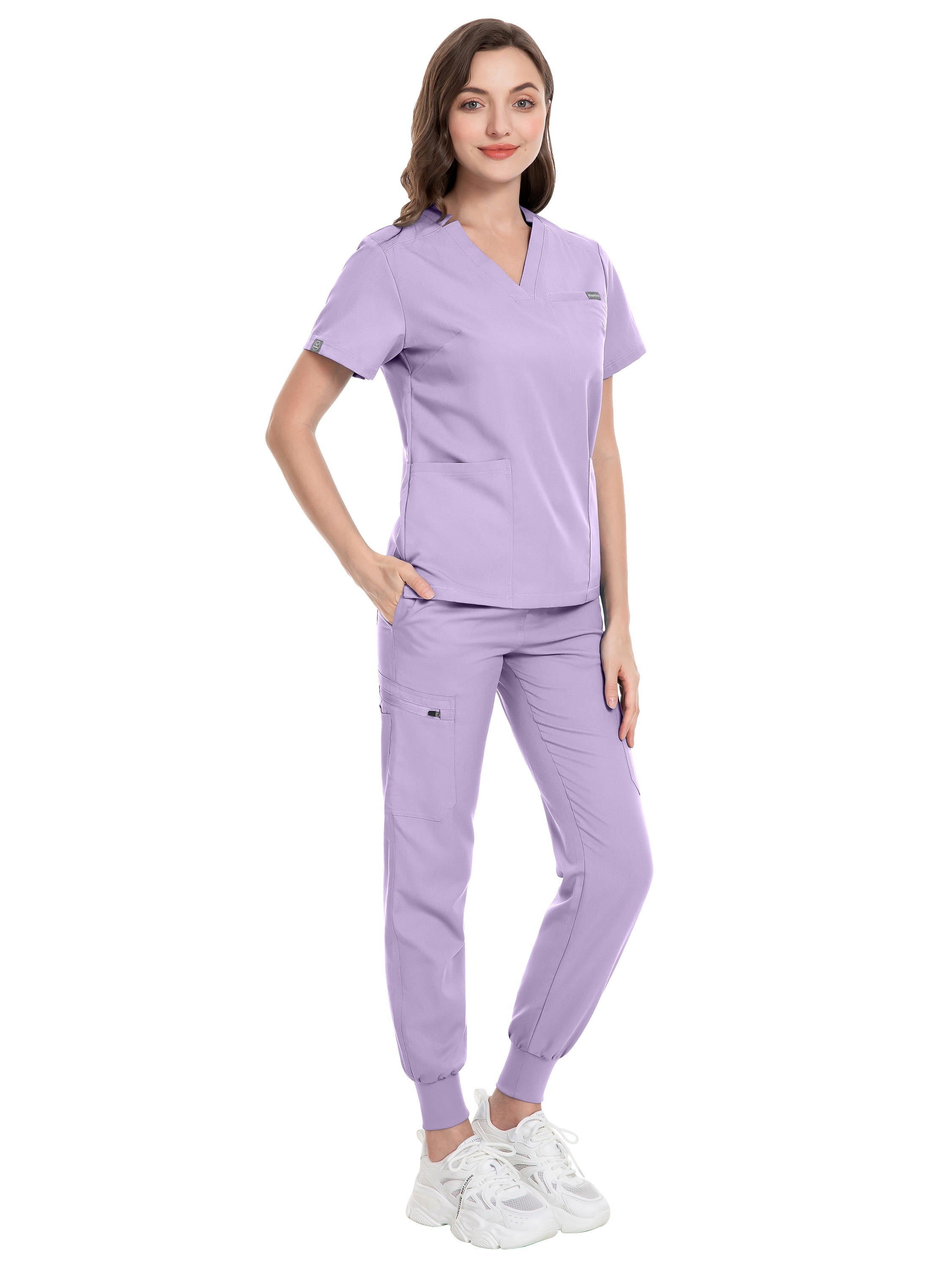 Solid Fonksiyonel İki Parçalı Takım, Hemşireler İçin Sağlık Bakımı Kısa Kollu Üst ve Bağcıklı Pantolon Kıyafetleri, Kadın Giyim