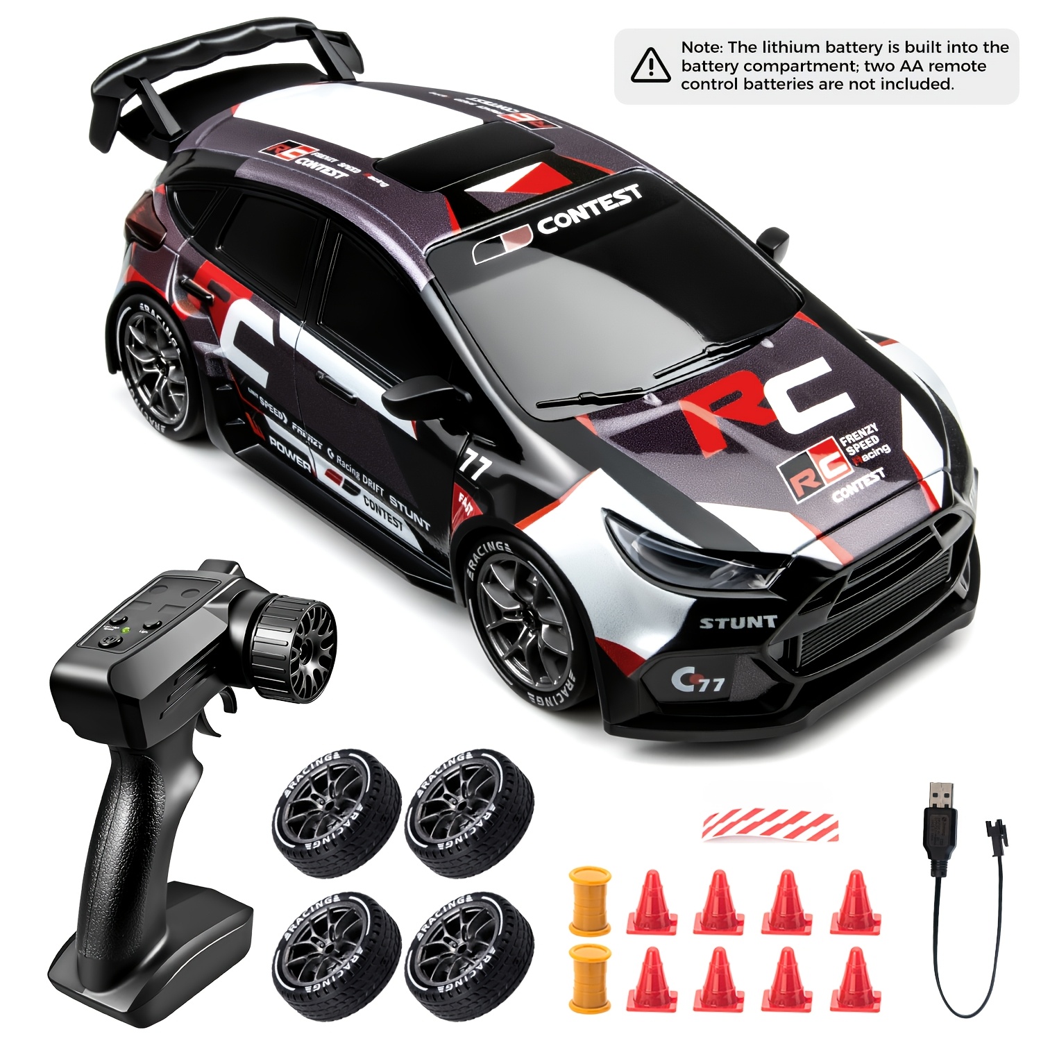 Mayzeelay Rc Drift Car, 1:24 Scale Remote Control Car, 2.4ghz 20km/h 4wd High Speed Rc Cars With Led Light, 1 Batteries & Drifting Tires Toy Cars