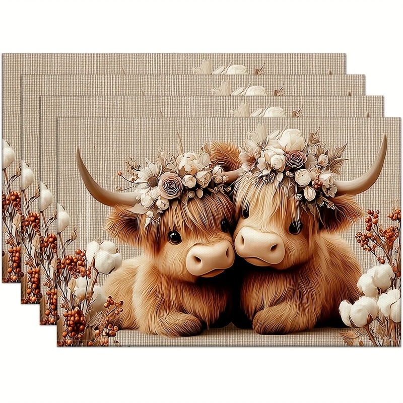 TEMU 2d Flat 4pcs Placemat Set, Cute Highland Cow Print Placemats, Suitable For Dining Tables, Decor, Modern Washable Table Mats, Room Decoration,