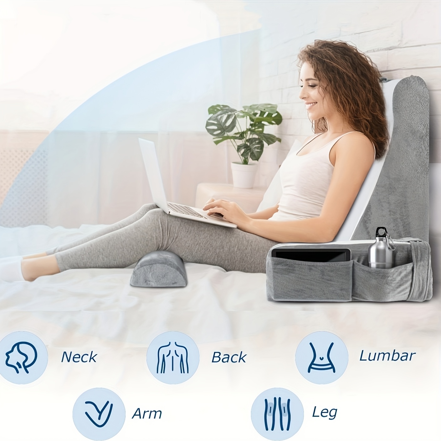 Comfortable Bed Reading Pillow - Ergonomic Sit-Back Cushion with Pockets, Ideal for TV Watching, Reading, Gaming - Soft Polyester, Gray/White, Perfect for Couch, Sofa, or Floor Rest