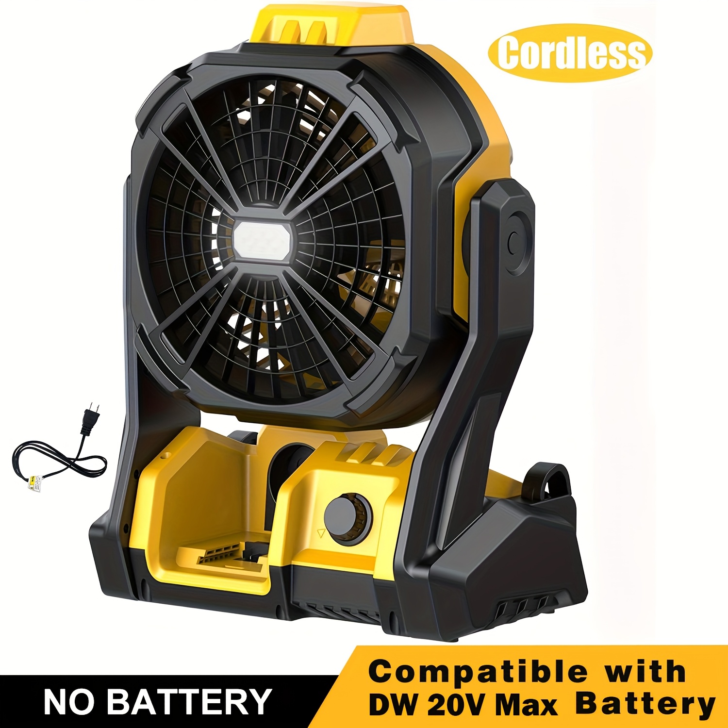 TEMU Cordless Fan With Led Light, For 20v , Portable Battery Powered Fan, Adjustable Speed, Auto Oscillating, Hanging Hook, Compact For Camping, Garage, Rv, Travel, Battery Not Included
