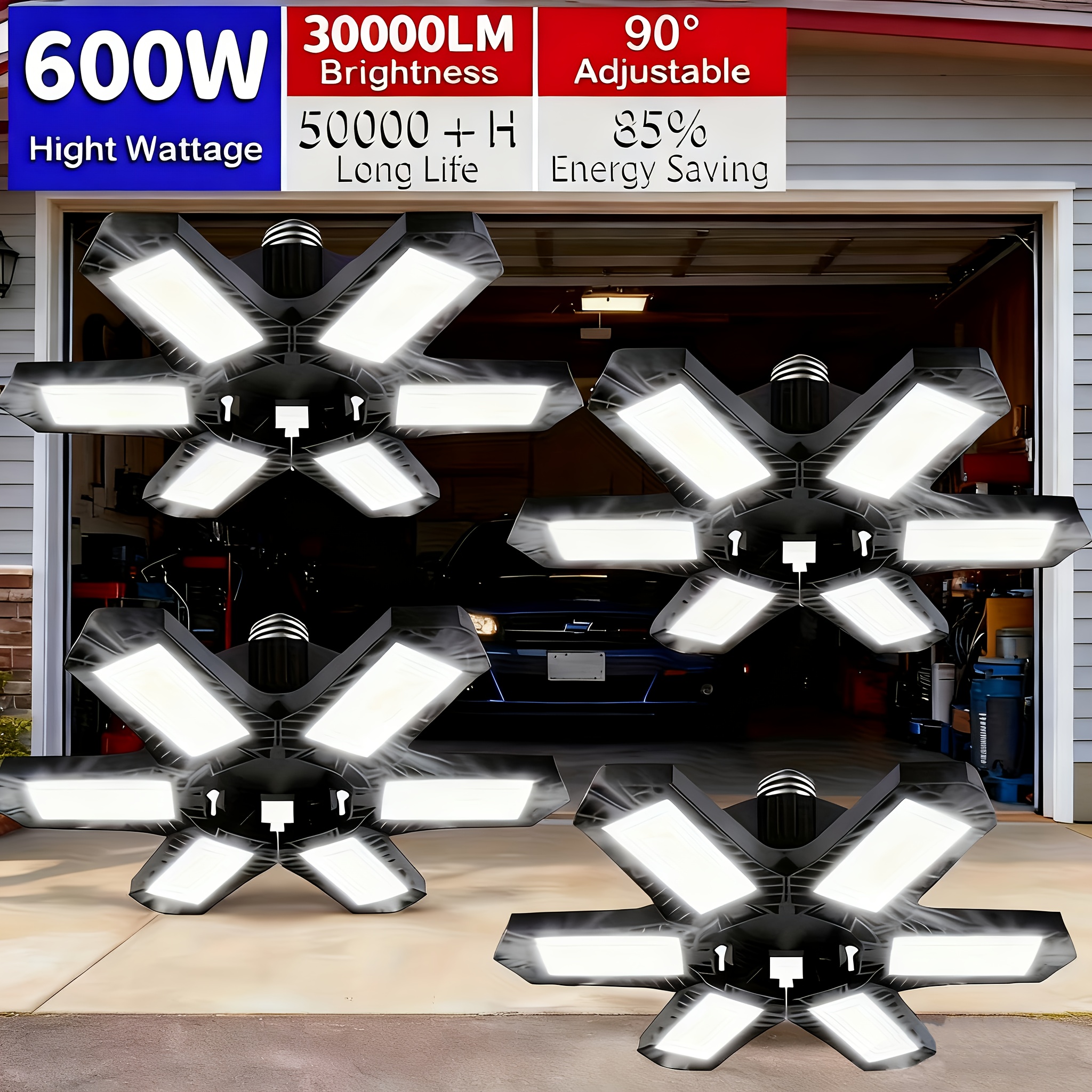 TEMU Lot de 2/4 ampoules LED déformables pour éclairage de plafond de garage, lampe d' 6500K avec 6+1 panneaux réglables, éclairage LED pour garage,
