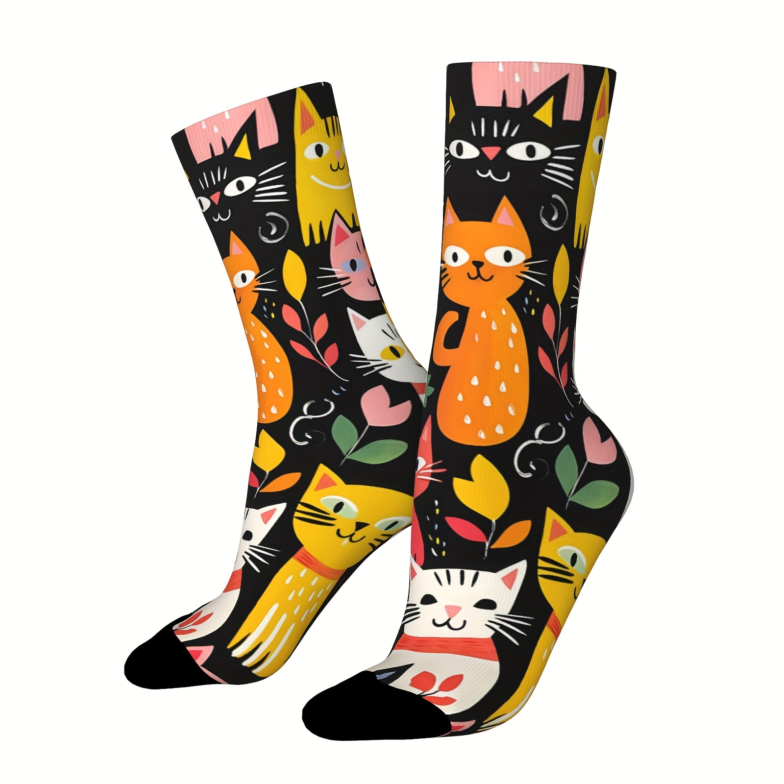 TEMU Chaussettes Femmes Extérieur, Motif Chat - 95% Polyester, 5% Spandex, Lavable en Machine, Idéales pour les Passionnés de Sports Extérieurs,