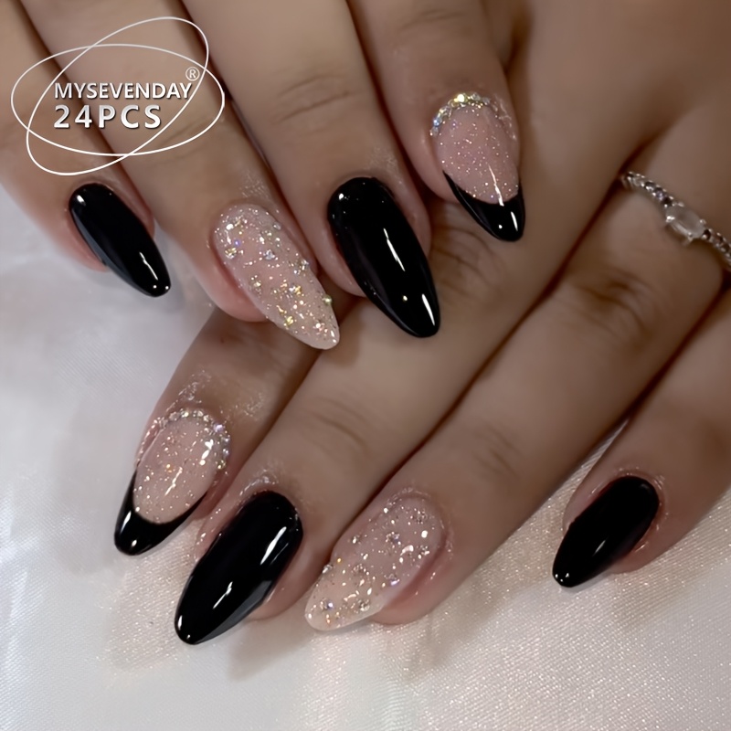 TEMU 24pcs Medium-sized French Fake Nails Water Drop Shape, Glitter Rhinestone Design Women's Nail Patches Y2k Style, Reusable, With Jelly Glue And