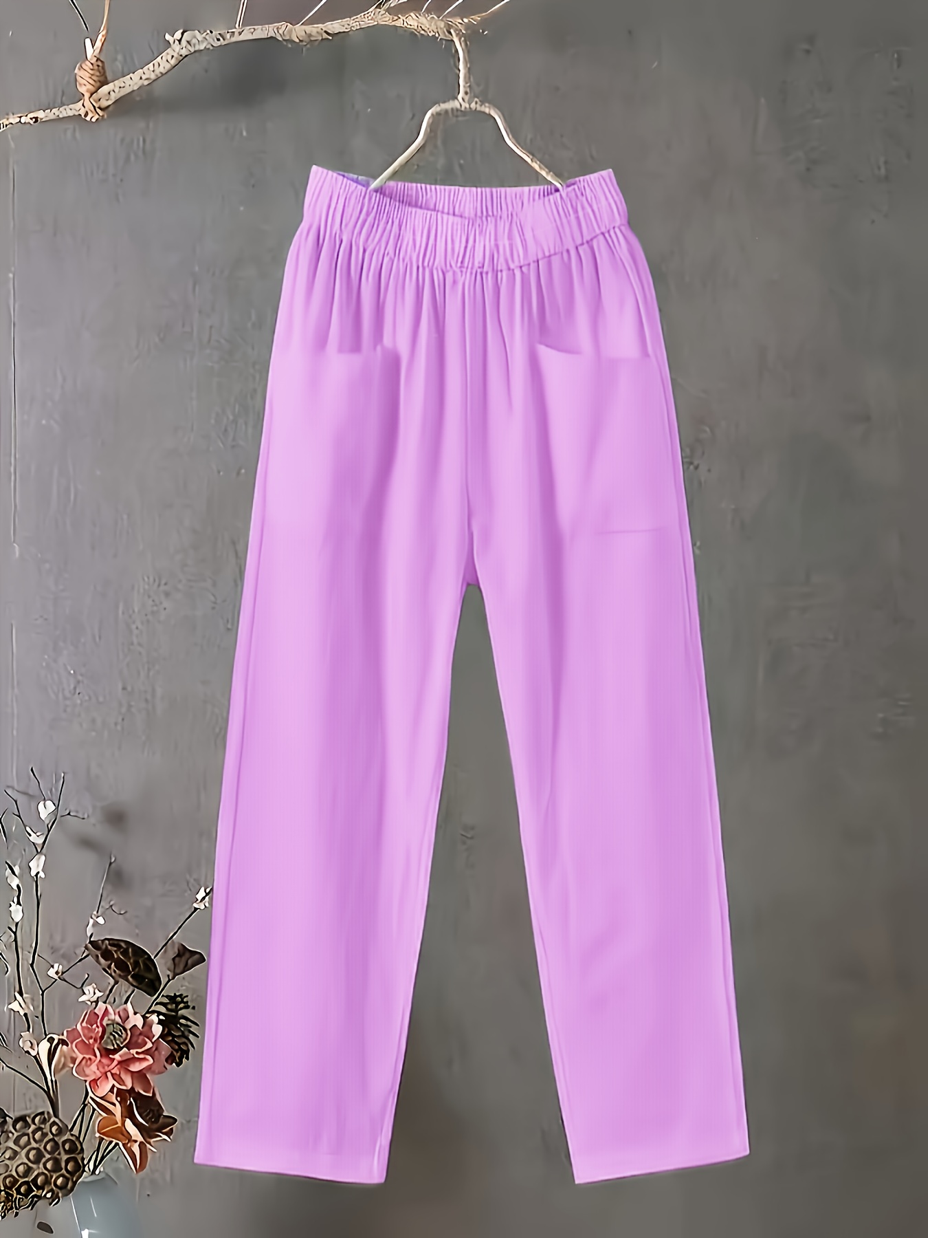 Women's Plus Size Lightweight Straight-Leg Pants - Casual White Harem Style, Elastic Waistband, Polyester, Machine Washable for Spring/Summer/Fall