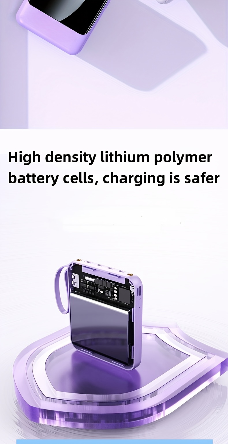 10000mah capacity small size big power this mini portable power bank features a with a built in 4 in 1 multifunction cable supporting 5v2a fast charging   travel business keeping your devices powered   valentines day gift Product details 6