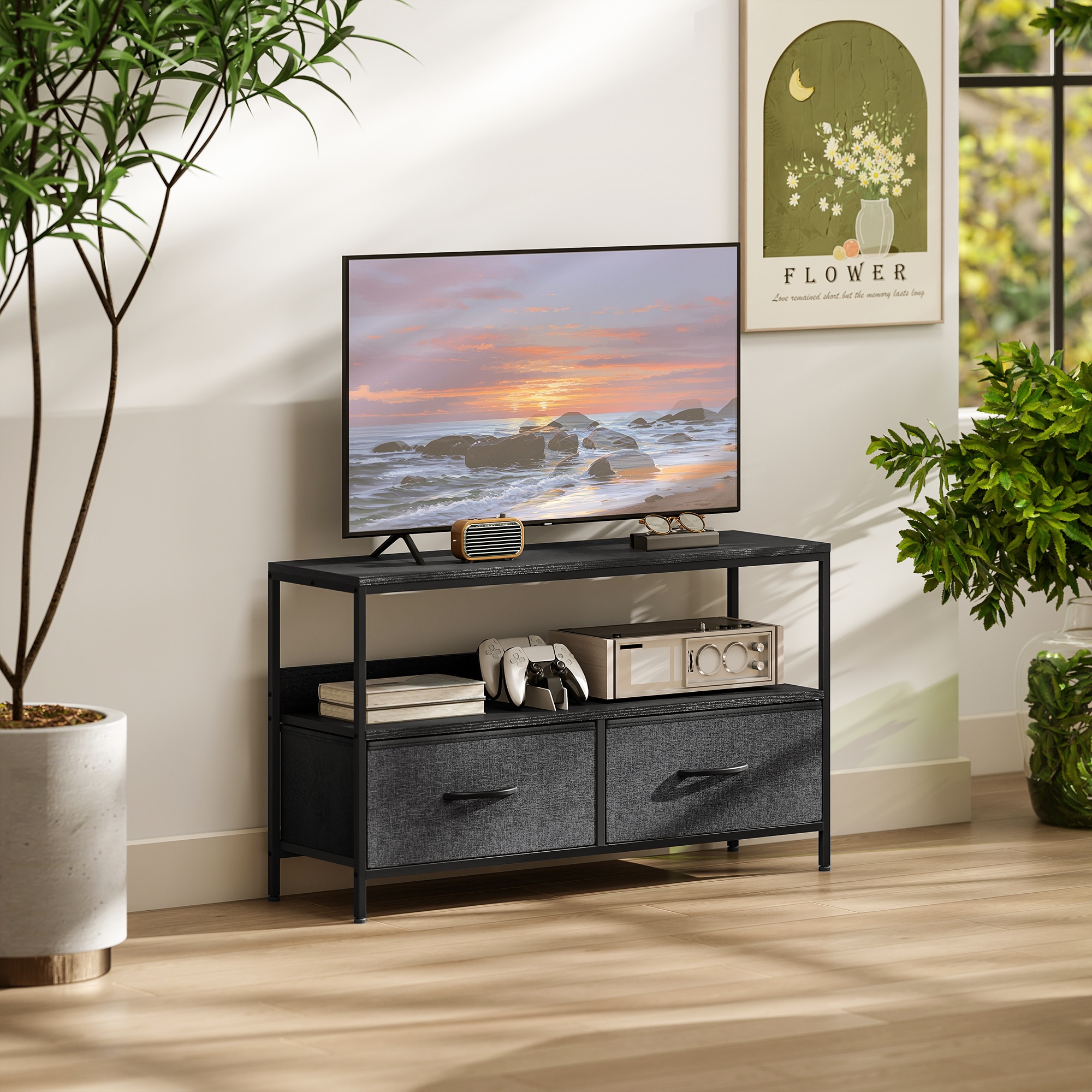 TEMU Meuble TV HOMCOM | Table TV en métal noir et panneau de avec rangement pour télévision 47 pouces, à rangement ouvert, aucun assemblage