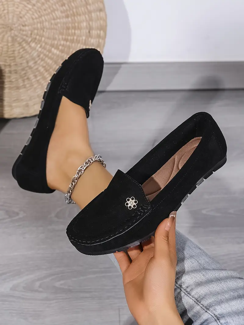 womens plus size flannel slip on loafers comfortable metal decor soft fabric footwear ankle strap plain toe design hand washable fashion loafers flannel slipon shoes comfortable footwear details 12