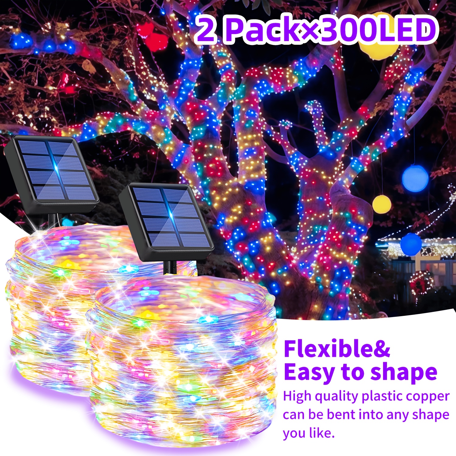 Image of 2 Pack Outdoor Solar String Lights, 300 Led Star Bulbs, 10 Lighting , Solar Powered With Light Sensor Auto , For Garden, Courtyard, Hedge, Fence, Patio, Wedding, Christmas Decor