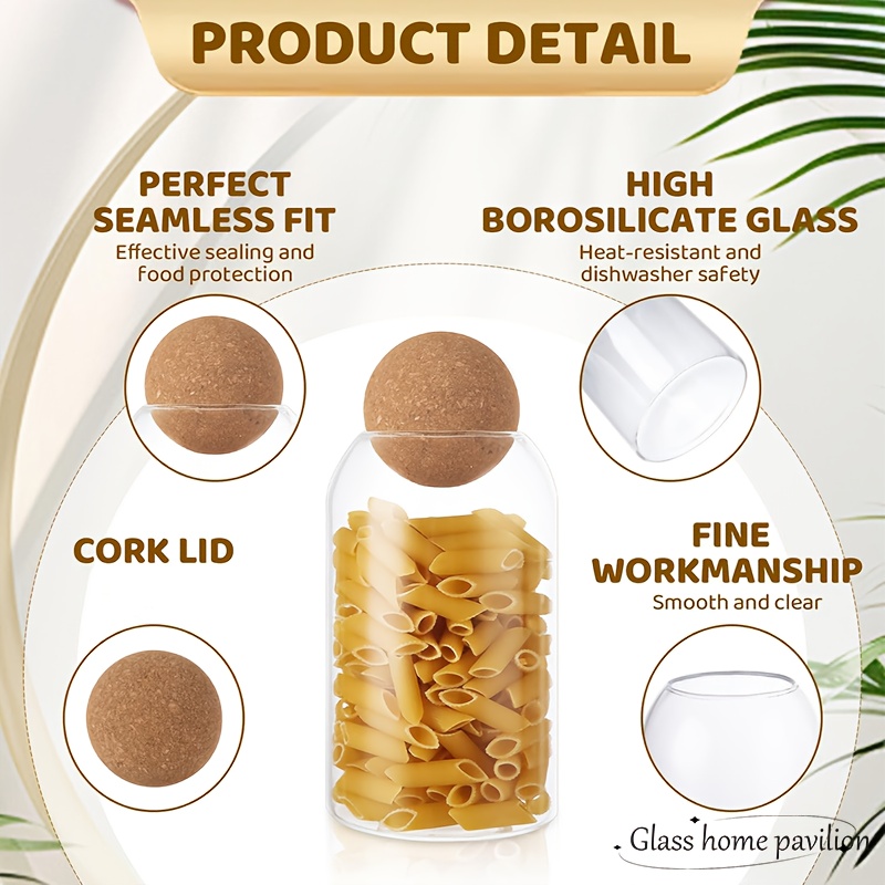 Tres Contenedores de Vidrio con Tapones de Corcho Esféricos, Frascos de Especias, Frascos de Sellado, un Pequeño Frasco de Vidrio para Dulces y Encantadoras Botellas Organizadoras Decorativas con Tapas Esféricas de Madera, Adecuados para Guardar Dulces, Granos de Café, Nueces, Especias