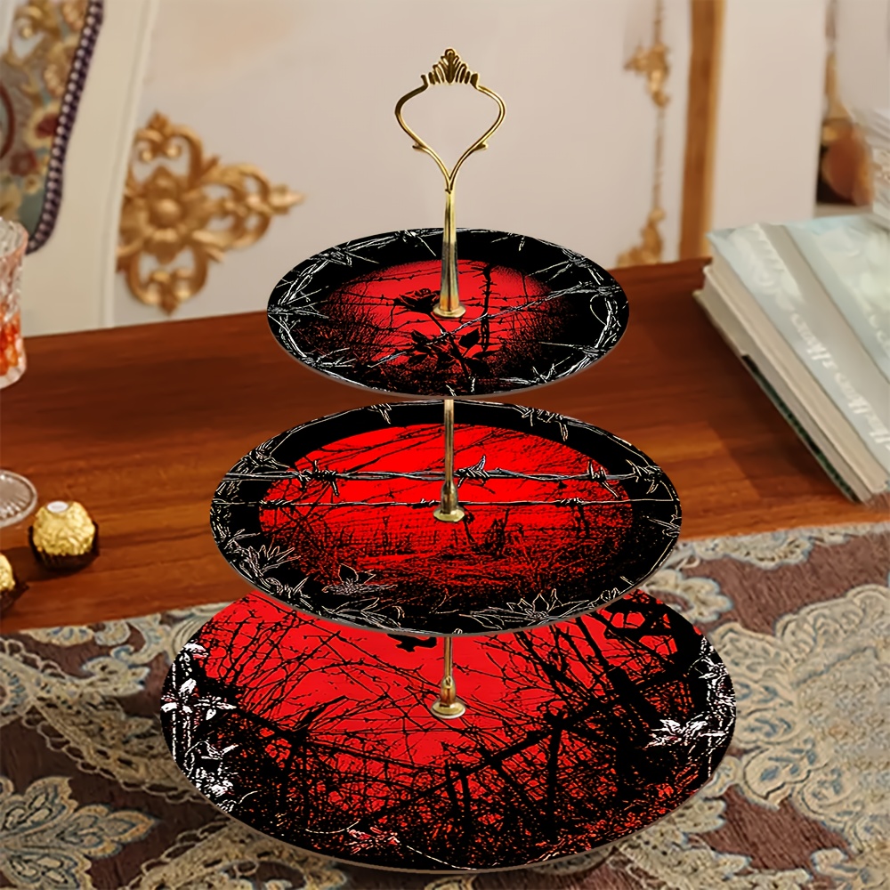 TEMU Plateau à 3 niveaux de style gothique contrasté, en bois artificiel, support doré, en métallique, décoration de fête d'Halloween, centre de