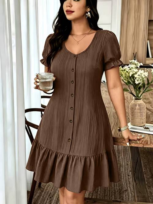 imagen del artículo vestido casual de moda para mujer, estilo francés, con , botones frontales y dobladillo con volantes